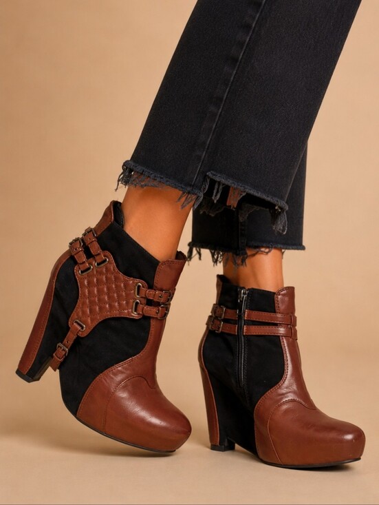Sam Edelman Shoes - Sam Edelman Brown & Black Buckle Harness Zoe Leather Suede Wedge Ankle Boots sz9